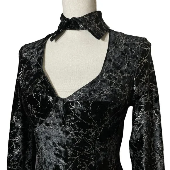 Metallic Velvet Choker Dress M Lightning Silver Crushed A-Line Cutout Skater - Picture 2 of 14